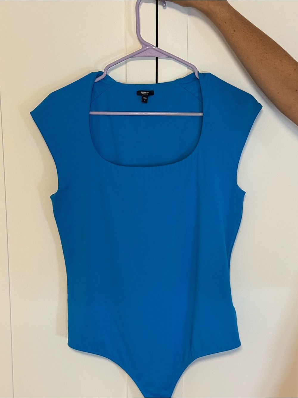 Express Bright Blue Scoop Neck Cap Sleeve Bodysuit